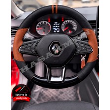 Hasakman Renault Megane 4 Dikme Direksiyon Kılıfı Delikli Deri Parlak Siyah Taba Detay Çift Yüzük ve Dikiş 2020-2024