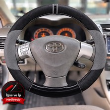Hasakman Toyota Corolla Verso E120 Dikme Direksiyon Kılıfı Delikli Deri Parlak Siyah Gri Detay Çift Yüzük ve Dikiş 2001-2004