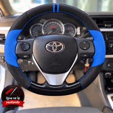 Hasakman Toyota Rav4 XA40 Dikme Direksiyon Kılıfı Delikli Deri Parlak Siyah Mavi Detay Çift Yüzük ve Dikiş 2013-2018