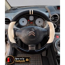 Hasakman Citroen C3 Picasso Dikme Direksiyon Kılıfı Delikli Deri Parlak Siyah Bej Detay Çift Yüzük ve Dikiş 2009-2017