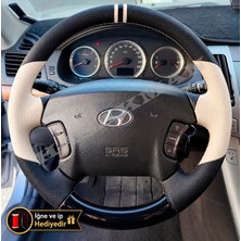 Hasakman Hyundai Santa Fe Dikme Direksiyon Kılıfı Delikli Deri Parlak Siyah Bej Detay Çift Yüzük ve Dikiş 2001-2006