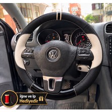Hasakman Vw Golf 6 Dikme Direksiyon Kılıfı Delikli Deri Parlak Siyah Bej Detay Çift Yüzük ve Dikiş 2008-2012