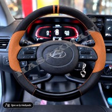 Hasakman Hyundai Bayon Dikme Direksiyon Kılıfı Delikli Deri Parlak Siyah Taba Detay Çift Yüzük ve Dikiş 2021-2026