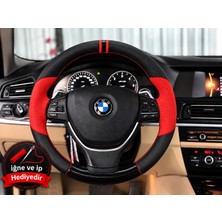Hasakman Bmw X5 E70 Dikme Direksiyon Kılıfı Parlak Siyah Kırmızı Detaylı Kırmızı Çift Yüzük ve Dikiş 2006-2013