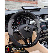 Hasakman Vw Passat B8 Dikme Direksiyon Kılıfı Delikli Deri Parlak Siyah Gri Detay Çift Yüzük ve Dikiş 2014-2019