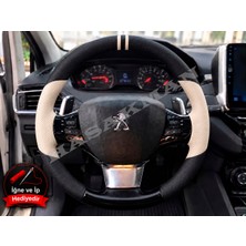 Hasakman Peugeot 208 Dikme Direksiyon Kılıfı Delikli Deri Parlak Siyah Bej Detay Çift Yüzük ve Dikiş 2019-2023