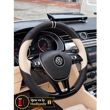Hasakman Vw Polo 6c Dikme Direksiyon Kılıfı Delikli Deri Parlak Siyah Bej Detay Çift Yüzük ve Dikiş 2014-2017