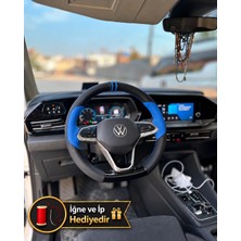 Hasakman Vw Caddy 5 Dikme Direksiyon Kılıfı Delikli Deri Parlak Siyah Mavi Detay Çift Yüzük ve Dikiş 2020-2026