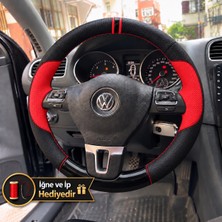 Hasakman Vw Sharan 2 Dikme Direksiyon Kılıfı Parlak Siyah Kırmızı Detaylı Kırmızı Çift Yüzük ve Dikiş 2010-2015