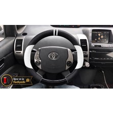 Hasakman Toyota Prius XW20 Dikme Direksiyon Kılıfı Delikli Deri Parlak Siyah Beyaz Detay Çift Yüzük ve Dikiş 2003-2009