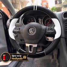 Hasakman Vw Scirocco 3 Dikme Direksiyon Kılıfı Delikli Deri Parlak Siyah Beyaz Detay Çift Yüzük ve Dikiş 2008-2014