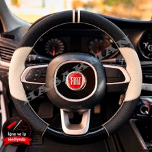 Hasakman Fiat Egea Hatchback Dikme Direksiyon Kılıfı Delikli Deri Parlak Siyah Bej Detay Çift Yüzük ve Dikiş 2016-2021