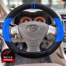 Hasakman Toyota Corolla E120 Dikme Direksiyon Kılıfı Delikli Deri Parlak Siyah Mavi Detay Çift Yüzük ve Dikiş 2002-2007