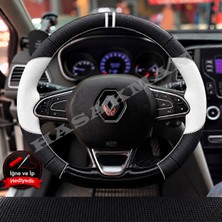 Hasakman Renault Megane 4 Dikme Direksiyon Kılıfı Delikli Deri Parlak Siyah Beyaz Detay Çift Yüzük ve Dikiş 2016-2024
