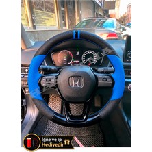 Hasakman Honda Civic Fe Dikme Direksiyon Kılıfı Delikli Deri Parlak Siyah Mavi Detay Çift Yüzük ve Dikiş 2021-2026