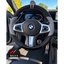 Hasakman Bmw X6 F16 Dikme Direksiyon Kılıfı Delikli Deri Parlak Siyah Gri Detay Çift Yüzük ve Dikiş 2014-2019