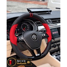 Hasakman Vw Polo Mk6 Dikme Direksiyon Kılıfı Parlak Siyah Kırmızı Detaylı Kırmızı Çift Yüzük ve Dikiş 2017-2021