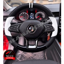 Hasakman Renault Megane 4 Dikme Direksiyon Kılıfı Delikli Deri Parlak Siyah Beyaz Detay Çift Yüzük ve Dikiş 2020-2024