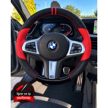 Hasakman Bmw F20 Dikme Direksiyon Kılıfı Parlak Siyah Kırmızı Detaylı Kırmızı Çift Yüzük ve Dikiş 2015-2019