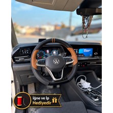 Hasakman Vw Tiguan 3 Dikme Direksiyon Kılıfı Delikli Deri Parlak Siyah Taba Detay Çift Yüzük ve Dikiş 2024-2026