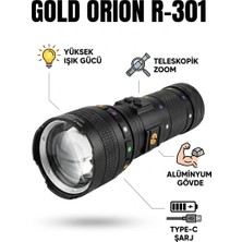 Gold Orion R-301 Yüksek Işık Güçlü Şarjlı El Feneri – Teleskopik Zoomlu Alüminyum Gövdeli Type-C Kamp Feneri Seti