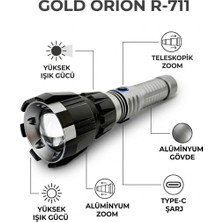 Gold Orion R-711 Yüksek Işık Güçlü Teleskopik Zoom Şarjlı El Feneri – Alüminyum Gövdeli Type-C Kamp Feneri