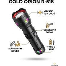 Gold Orion R-518 Yüksek Işık Güçlü Şarjlı El Feneri – Teleskopik Zoomlu Alüminyum Gövdeli Type-C Kamp Feneri Seti