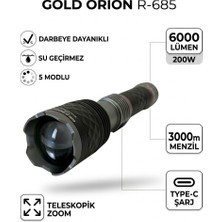 Gold Orion R-685 6000 Lümen 200W Şarjlı El Feneri – 3000M Menzilli Su Geçirmez Teleskopik Zoom Kamp Feneri