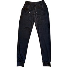 Kapamarka Parlak Kadife Cepli Pantolon Eşofman Pijama Altı Unisex Lastikli Paça Siyah