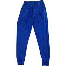 Kapamarka Parlak Kadife Cepli Pantolon Eşofman Pijama Altı Unisex Lastikli Paça Mavi