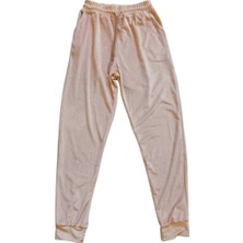 Kapamarka Parlak Kadife Cepli Pantolon Eşofman Pijama Altı Unisex Lastikli Paça Bej