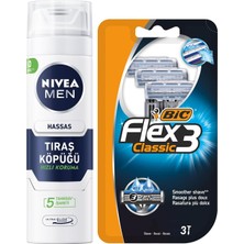 Men Erkek Hassas Tıraş Köpüğü 200ML ve Bıc Flex 3 Erkek Tıraş Bıçağı 3'lü Blister 3 Bıçak, Hassas Ciltlere Özel Tıraş Seti, Kesik Karşıtı