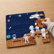 Punto Dizayn Uzayda Astronot Çocuklar  Tasarımlı 24 Parça Ahşap Çocuk Puzzle MPK0095