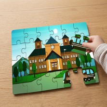 Punto Dizayn Okul - Otobüs  Tasarımlı 24 Parça Ahşap Çocuk Puzzle MPK0132
