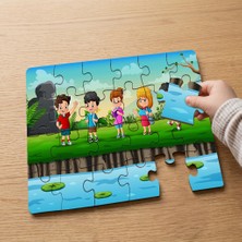 Punto Dizayn Okula Giden Mutlu Çocuklar  Tasarımlı 24 Parça Ahşap Çocuk Puzzle MPK1002