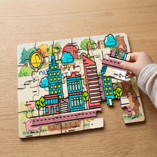 Punto Dizayn Renkli Binalar  Tasarımlı 24 Parça Ahşap Çocuk Puzzle MPK0300