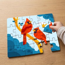 Punto Dizayn Dalda Kırmızı Kuşlar  Tasarımlı 24 Parça Ahşap Çocuk Puzzle MPK0515