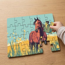 Punto Dizayn Kahverengi At  Tasarımlı 24 Parça Ahşap Çocuk Puzzle MPK0218
