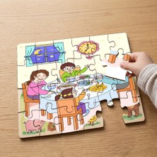 Punto Dizayn Sofrada Yemek Yiyen Mutlu Aile Tasarımlı 24 Parça Ahşap Çocuk Puzzle MPK0936
