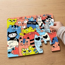Punto Dizayn Sevimli Kedi Çizimleri  Tasarımlı 24 Parça Ahşap Çocuk Puzzle MPK0772