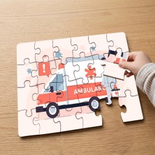 Punto Dizayn Ambulans - Ilk Yardım Aracı Tasarımlı 24 Parça Ahşap Çocuk Puzzle MPK0462