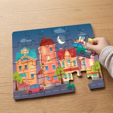 Punto Dizayn Renkli Binalar  Tasarımlı 24 Parça Ahşap Çocuk Puzzle MPK0148