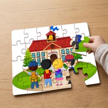 Punto Dizayn Okula Giden Mutlu Çocuklar  Tasarımlı 24 Parça Ahşap Çocuk Puzzle MPK1007