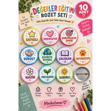 Tasarım 10’lu Değerler Eğitimi Rozet Seti – Saygılı, Yardımsever, Sorumluluk Sahibi, Dürüst, Çalışkan Öğrenci Motivasyon Rozetleri