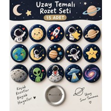 Tasarım Minikutunuz 15’li Uzay Temalı Rozet Seti – Astronot, Gezegen, Roket ve Galaksi Desenli Çocuk Rozetleri