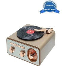 Meks Metalik Nostaljik Tasarım Plak Çalar Görünümlü Radyolu Bluetooth Hoparlör Retro Müzik Plak