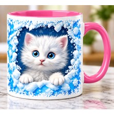 Tuba Renkli Gözlü Kedi Baskılı 3D Efektli Hediyelik Porselen Kupa Bardak, Kedili Kupa Bardak