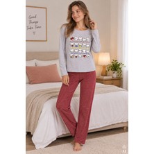 Koza İç Giyim Kadın Çizgili Desenli Kedi Baskılı Pijama Takımı