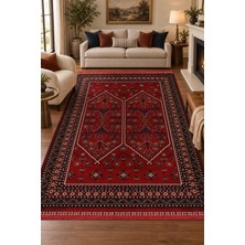 Hann Home Collection Şahmar Etnik Geometrik Desenli Kırmızı Lacivert Salon Oturma Odası Halısı Robot Süpürge Uyumlu Kolay