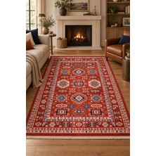 Hann Home Collection Kuzava Anadolu Otantik Kilim Robot Süpürge Uyumlu Kaymaz Taban Oturma Odası Salon Kırmızı Halı Kolay